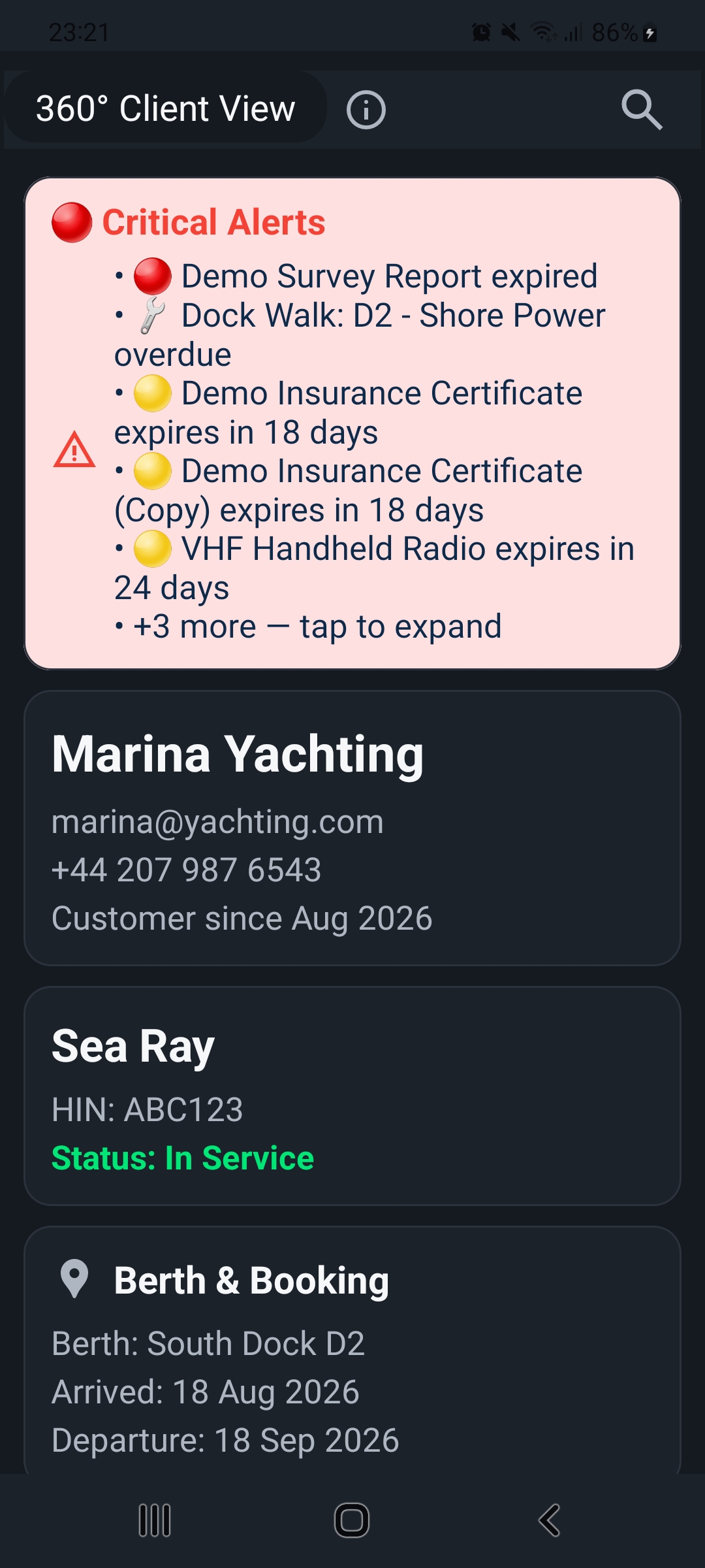 MarinaControl 360° Client View showing customer, vessel and operational information