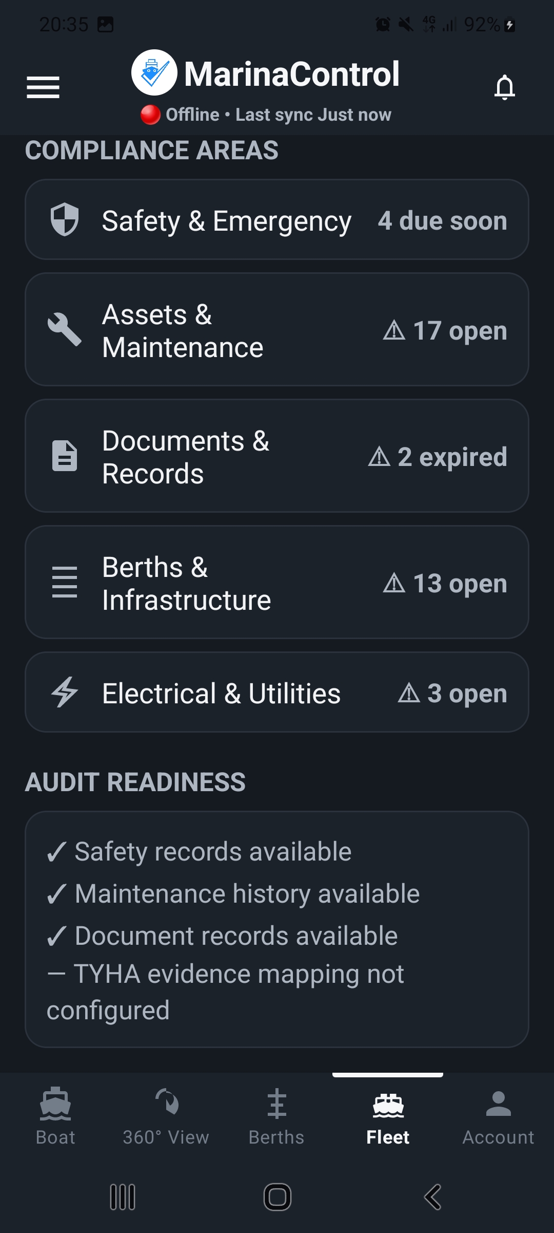 MarinaControl audit-readiness information linked to operational records