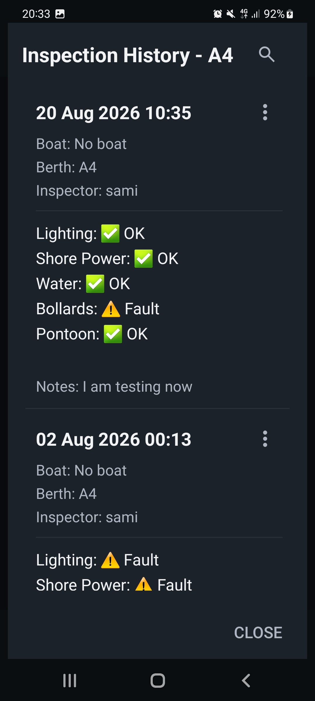 MarinaControl Dock Walk inspection showing recorded berth observations