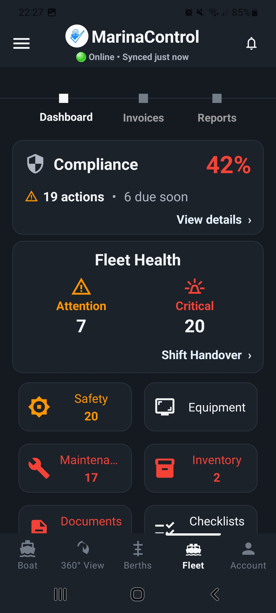 MarinaControl Shift Handover showing vessel movements, open Dock Walk issues, berth inspections, active maintenance tasks and handover notes