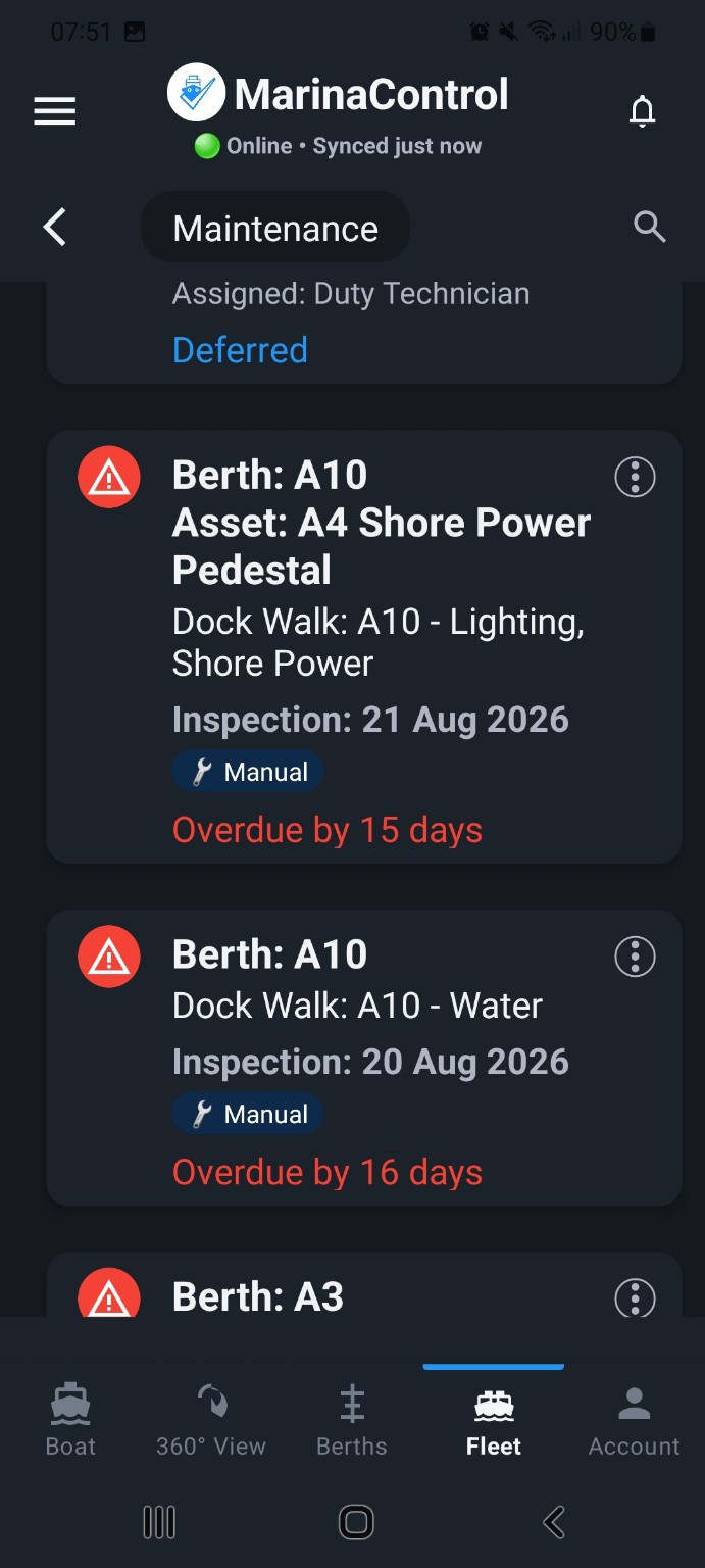 MarinaControl maintenance list showing tasks created from Dock Walk inspections