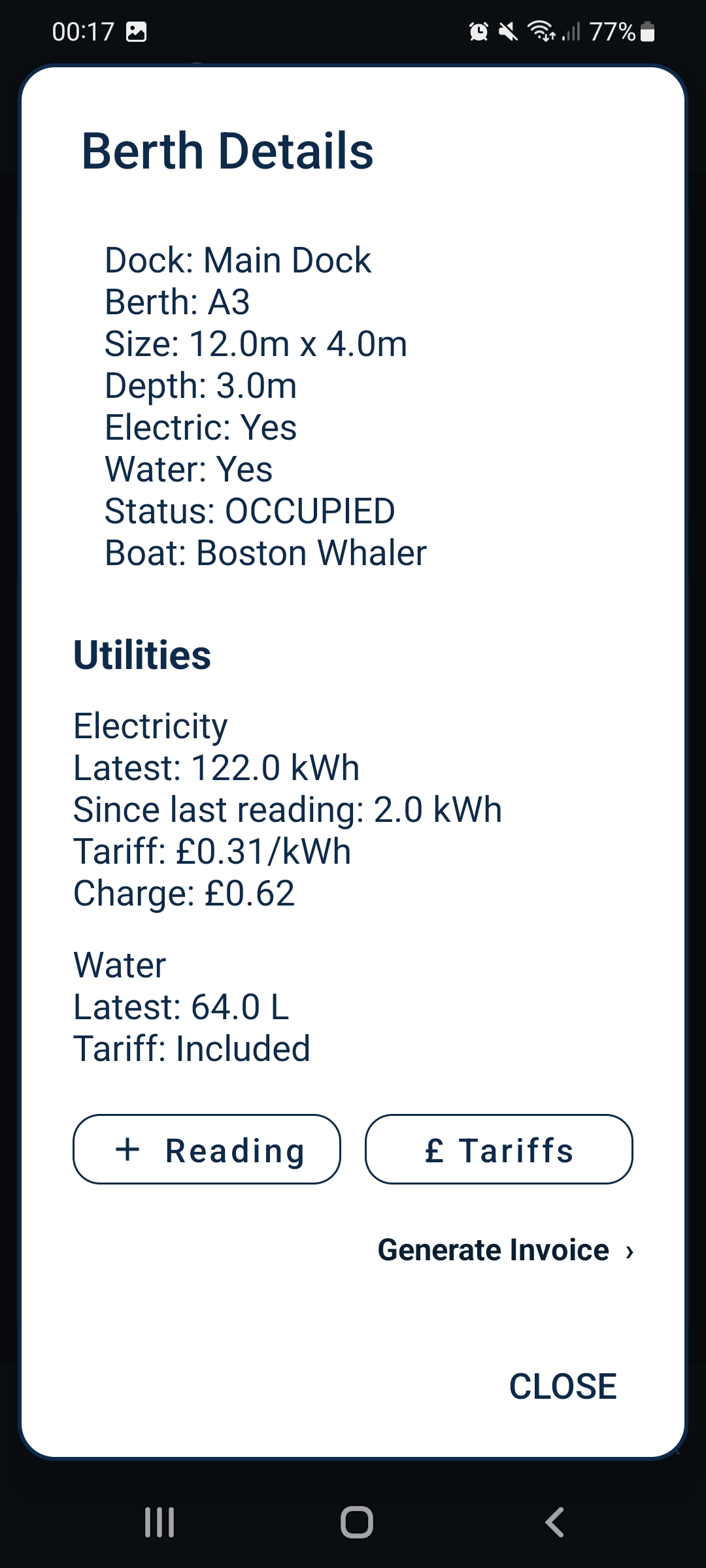 MarinaControl berth utility screen showing electricity and water readings, tariff, calculated charge and invoice generation