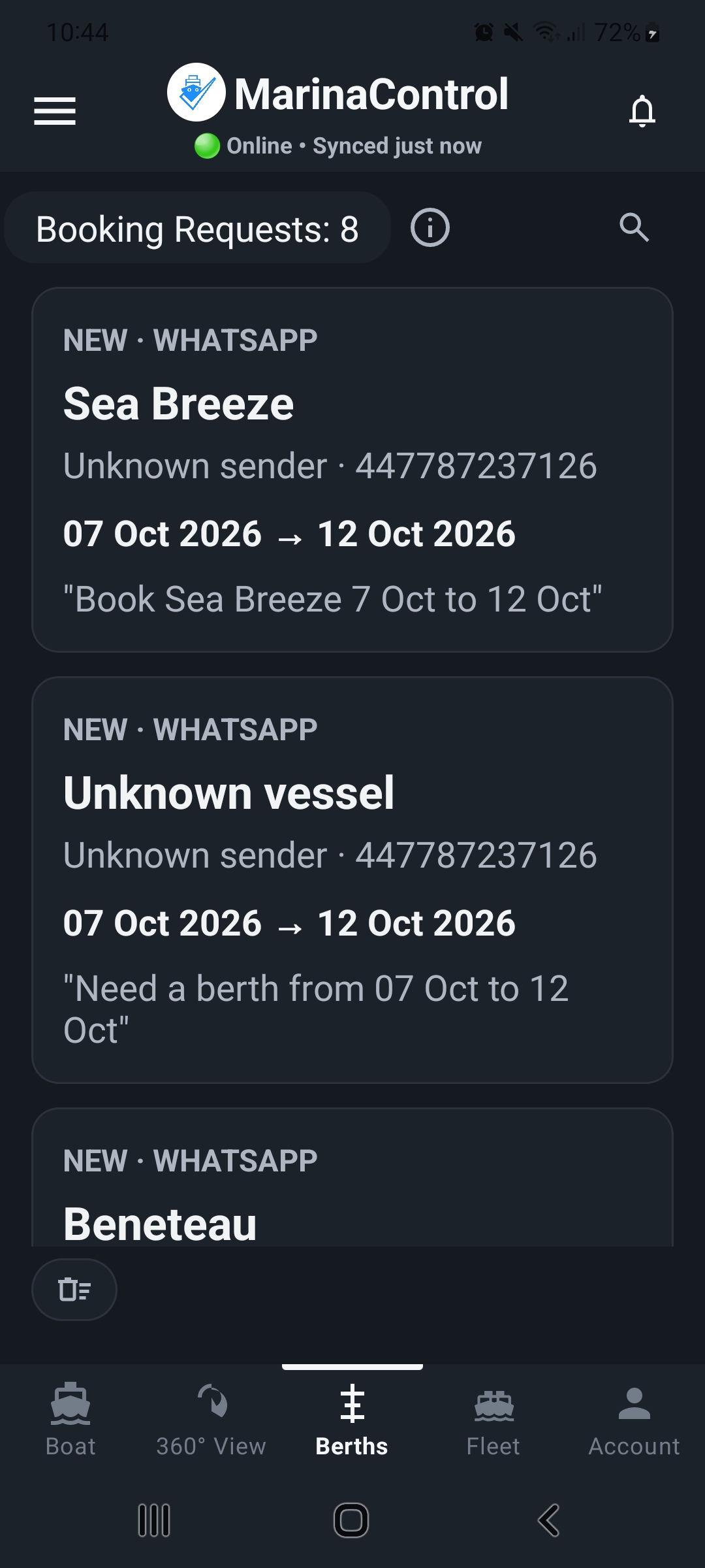 MarinaControl booking requests created from WhatsApp berth enquiries