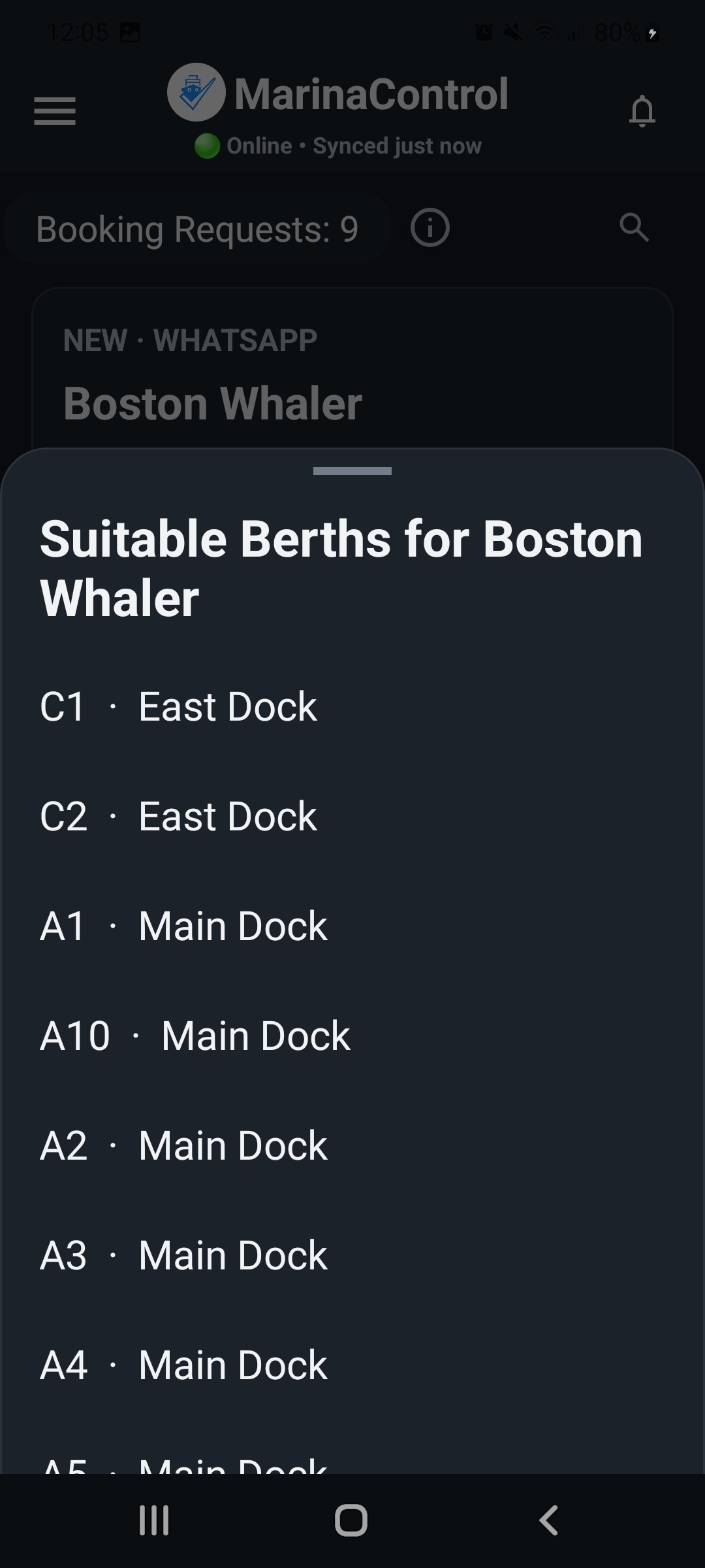 MarinaControl showing suitable berths for a vessel booking request